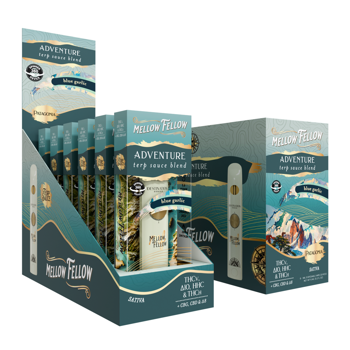 MELLOW FELLOW DISPOSABLE VAPE SPINNERS 1ML ADVENTURE BLEND BLUE GARLIC (SATIVA)