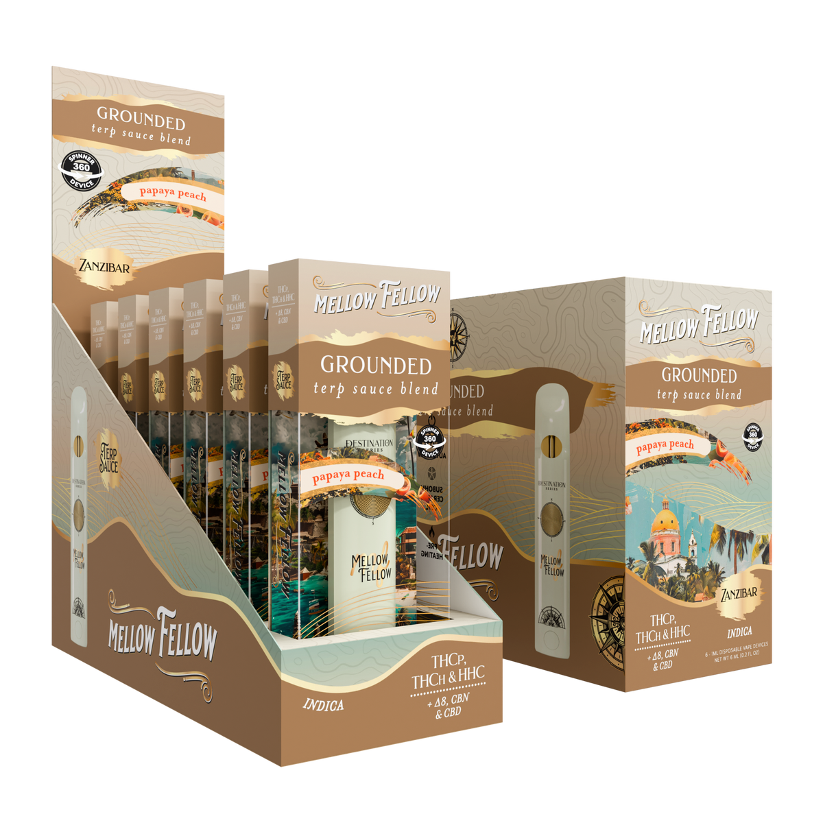 MELLOW FELLOW DISPOSABLE VAPE SPINNERS 1ML GROUNDED BLEND PAPAYA PEACH (INDICA)