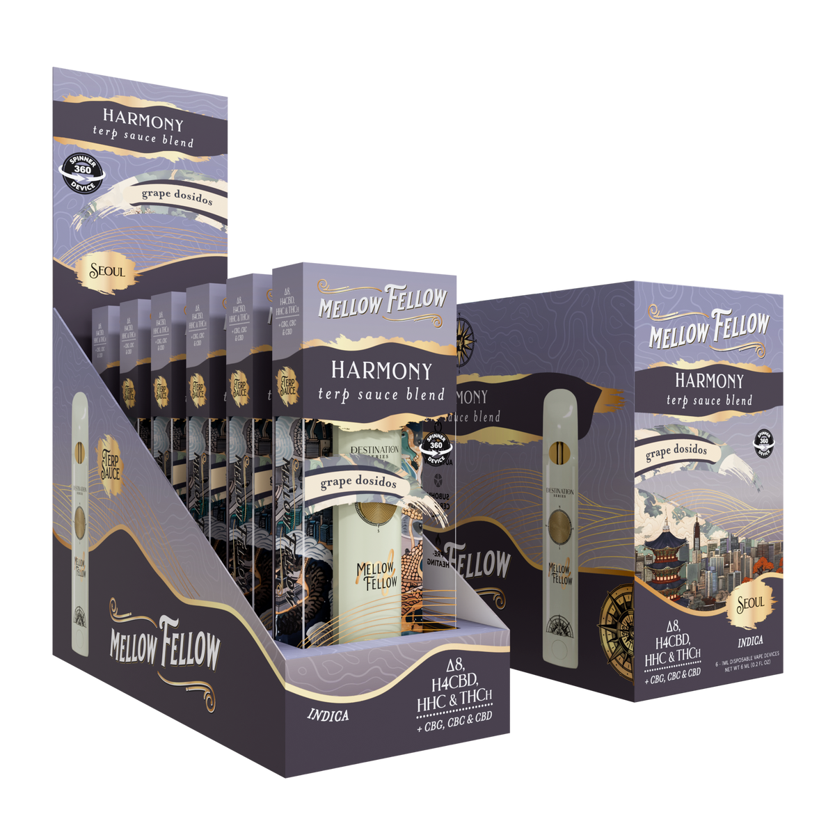 MELLOW FELLOW DISPOSABLE VAPE SPINNERS 1ML HARMONY BLEND GRAPE DOSIDO (INDICA)