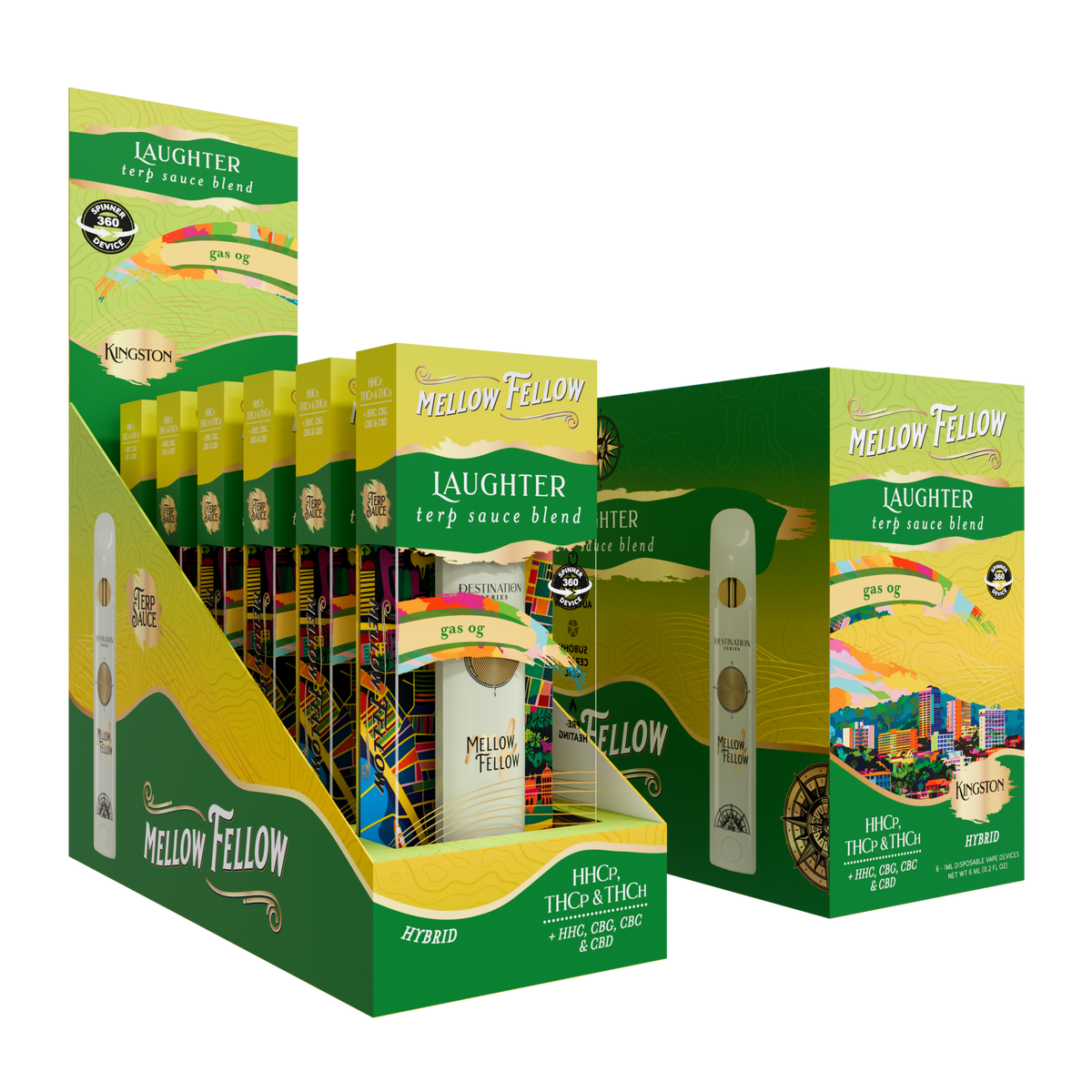 MELLOW FELLOW DISPOSABLE VAPE SPINNERS 1ML LAUGHTER BLEND GAS OG (HYBRID)