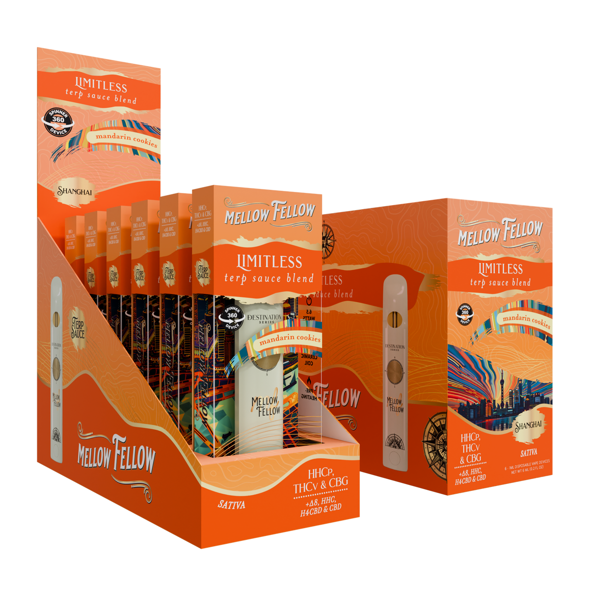 MELLOW FELLOW DISPOSABLE VAPE SPINNERS 1ML LIMITLESS BLEND MANDARIN COOKIES (SATIVA)