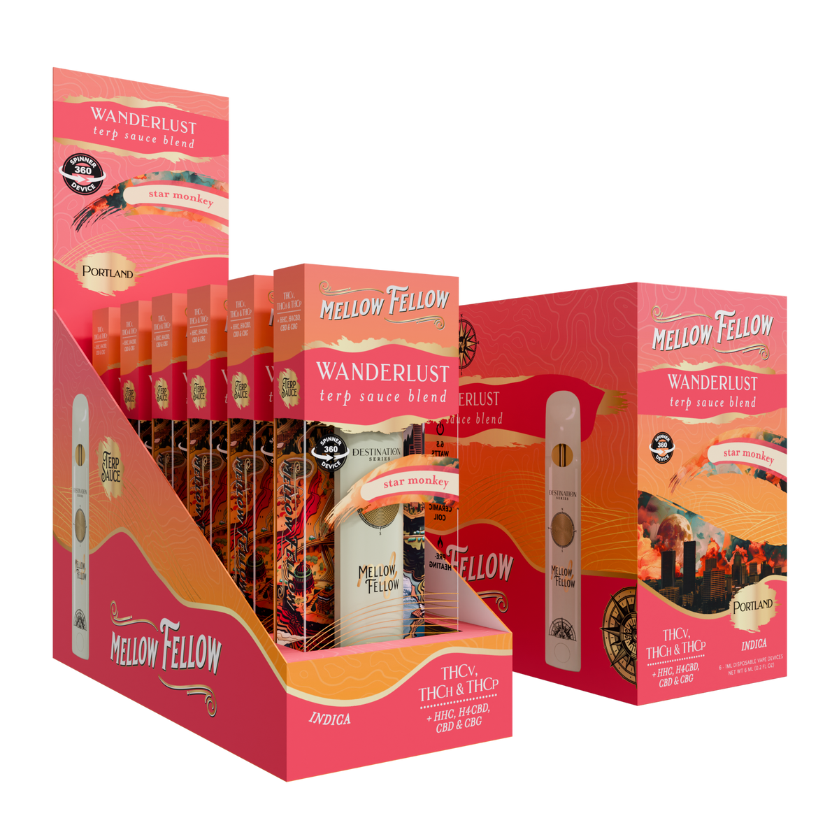 MELLOW FELLOW DISPOSABLE VAPE SPINNERS 1ML WANDERLUST BLEND STAR MONKEY (INDICA)